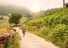 Сиротливый паломник с рюкзаком идя Camino de Сантьяго стоковая фотография rf Сиротливый паломник с рюкзаком идя Camino de Сантьяго стоковая фотография rf