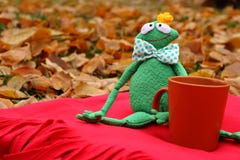 Смешная мягкая лягушка принца игрушки с чашкой чаю на красном ковре и упаденных листьях ждать влюбленность и принцессу Стоковое Изображение RF Смешная мягкая лягушка принца игрушки с чашкой чаю на красном ковре и упаденных листьях ждать влюбленность и принцессу Стоковое Изображение RF