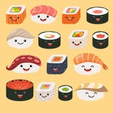 Смешные характеры суш Смешные суши с милыми сторонами Комплект крена и сасими суш иллюстрация штока Смешные характеры суш Смешные суши с милыми сторонами Комплект крена и сасими суш иллюстрация штока