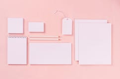 Современное minimalistic место для работы с белыми пустыми канцелярскими принадлежностями на мягкой предпосылке пастельного пинка стоковая фотография Современное minimalistic место для работы с белыми пустыми канцелярскими принадлежностями на мягкой предпосылке пастельного пинка стоковая фотография
