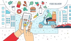 Современное знамя при руки держа smartphone с сервисным приложением поставки еды или вебсайт на экране, едах, продуктах иллюстрация вектора Современное знамя при руки держа smartphone с сервисным приложением поставки еды или вебсайт на экране, едах, продуктах иллюстрация вектора