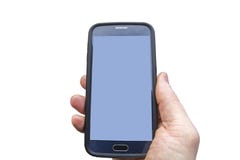 Современный черный телефон с округленными краями в руке человека Голубой экран для модель-макета, изолированный на белой предпосы стоковое фото Современный черный телефон с округленными краями в руке человека Голубой экран для модель-макета, изолированный на белой предпосы стоковое фото