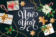 Состав дизайна рождества poinsettia, ветвей ели, конусов, пряника, тросточки конфеты, падуба и других заводов иллюстрация вектора Состав дизайна рождества poinsettia, ветвей ели, конусов, пряника, тросточки конфеты, падуба и других заводов иллюстрация вектора