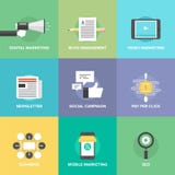Социальные средства массовой информации выходя на рынок и значки развития плоские иллюстрация штока Социальные средства массовой информации выходя на рынок и значки развития плоские иллюстрация штока