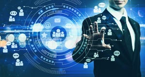 Социальные средства массовой информации с бизнесменом на голубой светлой предпосылке стоковое фото Социальные средства массовой информации с бизнесменом на голубой светлой предпосылке стоковое фото