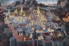 Стенные росписи Ramakien Ramayana вдоль галерей виска изумрудного Будды, большого дворца или kaew phra wat стоковые фотографии rf Стенные росписи Ramakien Ramayana вдоль галерей виска изумрудного Будды, большого дворца или kaew phra wat стоковые фотографии rf
