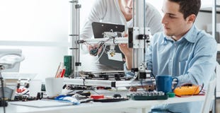 Студенты инженерства используя принтер 3D стоковые фотографии rf Студенты инженерства используя принтер 3D стоковые фотографии rf