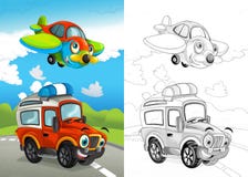 Сцена мультфильма со счастливым с автомобиля дороги на дороге t0he и плоском летании с крася страницей иллюстрация вектора Сцена мультфильма со счастливым с автомобиля дороги на дороге t0he и плоском летании с крася страницей иллюстрация вектора