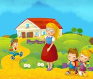 Сцена природы шаржа с детьми на отключении к школе Стоковые Изображения Сцена природы шаржа с детьми на отключении к школе Стоковые Изображения