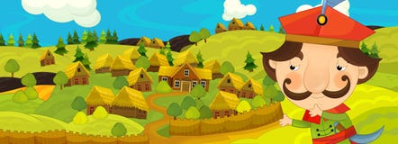 Сцена шаржа с фермером около деревни фермы Стоковое фото RF Сцена шаржа с фермером около деревни фермы Стоковое фото RF