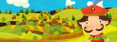 Сцена шаржа с фермером около деревни фермы Стоковое фото RF Сцена шаржа с фермером около деревни фермы Стоковое фото RF