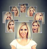 Счастливая замаскированная женщина выражая различные эмоции стоковое изображение rf Счастливая замаскированная женщина выражая различные эмоции стоковое изображение rf