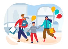 Счастливая семья на покупках Отец, мать и дети с сумками и приобретениями Характеры людей в торговом центре иллюстрация вектора Счастливая семья на покупках Отец, мать и дети с сумками и приобретениями Характеры людей в торговом центре иллюстрация вектора