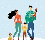 Счастливая семья состоя из матери, отца, сына и дочери держа руки и идя с собакой в снежной зиме, приветствуя иллюстрация вектора Счастливая семья состоя из матери, отца, сына и дочери держа руки и идя с собакой в снежной зиме, приветствуя иллюстрация вектора