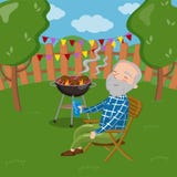 Счастливое усмехаясь снаружи барбекю приготовления на гриле grandpa пока сидящ на стуле, старшем человеке имея внешний вектор бар иллюстрация вектора Счастливое усмехаясь снаружи барбекю приготовления на гриле grandpa пока сидящ на стуле, старшем человеке имея внешний вектор бар иллюстрация вектора