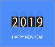 Счастливый значок 2019 Нового Года на оранжевой предпосылке Плоский стиль Счастливый иллюстрация вектора Счастливый значок 2019 Нового Года на оранжевой предпосылке Плоский стиль Счастливый иллюстрация вектора