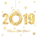 Счастливый Новый Год 2019 Декоративный шрифт сделанный свирлей и флористических элементов Золотой венок номеров и рождества изоли бесплатная иллюстрация Счастливый Новый Год 2019 Декоративный шрифт сделанный свирлей и флористических элементов Золотой венок номеров и рождества изоли бесплатная иллюстрация