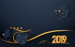 Счастливый Новый Год 2019 Роскошные золото и темно-синее с восточной зацветая бумагой цветков отрезали предпосылку стиля искусств иллюстрация штока Счастливый Новый Год 2019 Роскошные золото и темно-синее с восточной зацветая бумагой цветков отрезали предпосылку стиля искусств иллюстрация штока