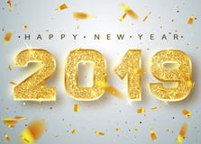 2019 счастливых Новых Годов Дизайн золотых чисел поздравительной открытки падая сияющего Confetti Картина золота сияющая Счастлив бесплатная иллюстрация 2019 счастливых Новых Годов Дизайн золотых чисел поздравительной открытки падая сияющего Confetti Картина золота сияющая Счастлив бесплатная иллюстрация