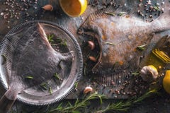 2 сырцовых flounders с различной приправой на каменном взгляд сверху предпосылки стоковые изображения 2 сырцовых flounders с различной приправой на каменном взгляд сверху предпосылки стоковые изображения
