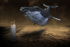 Сюрреалистическая фантазия летая кита, воображение, маленькая девочка иллюстрация штока Сюрреалистическая фантазия летая кита, воображение, маленькая девочка иллюстрация штока