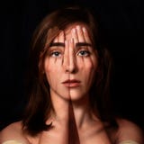 Сюрреалистический портрет маленькой девочки покрывая ее острословие стороны и глаз Стоковые Фотографии RF Сюрреалистический портрет маленькой девочки покрывая ее острословие стороны и глаз Стоковые Фотографии RF
