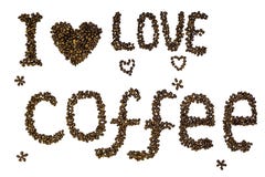 Текст & x22; Я люблю coffee& x22; сделанный из зажаренных в духовке изолированных кофейных зерен на белой предпосылке стоковая фотография Текст & x22; Я люблю coffee& x22; сделанный из зажаренных в духовке изолированных кофейных зерен на белой предпосылке стоковая фотография