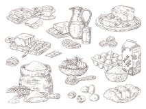 Товары пекарни руки вычерченные Яйца молока масла и ингредиенты муки кулинарные, масло и сэндвичи хлеба r иллюстрация вектора Товары пекарни руки вычерченные Яйца молока масла и ингредиенты муки кулинарные, масло и сэндвичи хлеба r иллюстрация вектора