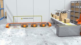 Товары поставки трутня в современном складе иллюстрация штока Товары поставки трутня в современном складе иллюстрация штока