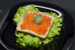 Тост с красной икрой и зеленым салатом стоковое изображение Тост с красной икрой и зеленым салатом стоковое изображение
