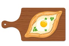 Традиционное ajarian и грузинское блюдо - khachapuri Хлеб заполнил с сыром и яичком на деревянной разделочной доске также вектор бесплатная иллюстрация Традиционное ajarian и грузинское блюдо - khachapuri Хлеб заполнил с сыром и яичком на деревянной разделочной доске также вектор бесплатная иллюстрация