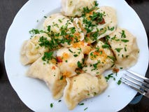 Традиционные польские вареники сыра и картошки с петрушкой и зажаренным луком стоковые изображения Традиционные польские вареники сыра и картошки с петрушкой и зажаренным луком стоковые изображения