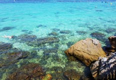 Туристы snorkel в кристаллической воде бирюзы около тропического курорта стоковые фото Туристы snorkel в кристаллической воде бирюзы около тропического курорта стоковые фото