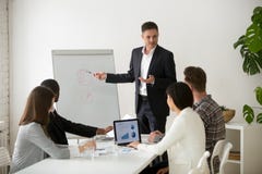 Успешный руководитель группы представляя новый проект к работникам на мне стоковое изображение rf Успешный руководитель группы представляя новый проект к работникам на мне стоковое изображение rf