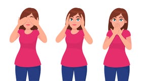 Установите заключения молодой женщины/покрывать ее глаза, уши и рот как 3 мудрых обезьяны Не видеть, не слышать и не поговорите к иллюстрация вектора Установите заключения молодой женщины/покрывать ее глаза, уши и рот как 3 мудрых обезьяны Не видеть, не слышать и не поговорите к иллюстрация вектора
