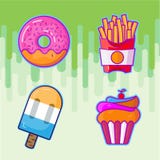 Установите красочного фаст-фуда мультфильма жарит значки Вектор изолированный пирожным иллюстрация вектора Установите красочного фаст-фуда мультфильма жарит значки Вектор изолированный пирожным иллюстрация вектора