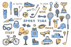 Установите элементов спорта с литерностью Иллюстрация вектора милой руки doodle вычерченная бесплатная иллюстрация Установите элементов спорта с литерностью Иллюстрация вектора милой руки doodle вычерченная бесплатная иллюстрация