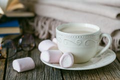 Утешьте чай с теплыми шотландкой и помадками шерстей Стоковое Фото Утешьте чай с теплыми шотландкой и помадками шерстей Стоковое Фото