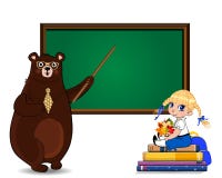 Учитель медведя шаржа и девушка школы сидя на книгах складывают около ясного классн классного на белизне иллюстрация вектора Учитель медведя шаржа и девушка школы сидя на книгах складывают около ясного классн классного на белизне иллюстрация вектора