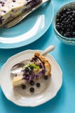 фарфор dishes свежее время чая клубник фарфора Домодельный чизкейк голубики с сыром рикотты на предпосылке голубой бумаги стоковые фото фарфор dishes свежее время чая клубник фарфора Домодельный чизкейк голубики с сыром рикотты на предпосылке голубой бумаги стоковые фото