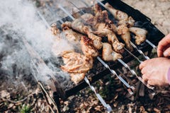 Фото крупного плана гриля барбекю с мясом цыпленка на на открытом воздухе летом Человек варя еду в природе стоковые фото Фото крупного плана гриля барбекю с мясом цыпленка на на открытом воздухе летом Человек варя еду в природе стоковые фото