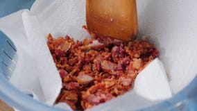 Хрустящие зажаренные rashers бекона стекая на плите с салфеткой стоковое изображение Хрустящие зажаренные rashers бекона стекая на плите с салфеткой стоковое изображение