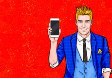 Человек с smartphone в руке в шуточном стиле Человек с телефоном Человек показывая мобильный телефон Реклама цифров Iphone, мобил бесплатная иллюстрация Человек с smartphone в руке в шуточном стиле Человек с телефоном Человек показывая мобильный телефон Реклама цифров Iphone, мобил бесплатная иллюстрация