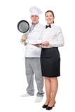 человек с кельнером женщины сковороды и кашевара с подносом стоковая фотография человек с кельнером женщины сковороды и кашевара с подносом стоковая фотография
