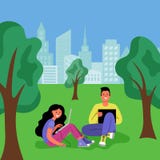 Человек и женщина с ноутбуками сидят в парке города также вектор иллюстрации притяжки corel бесплатная иллюстрация Человек и женщина с ноутбуками сидят в парке города также вектор иллюстрации притяжки corel бесплатная иллюстрация