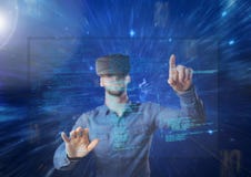 человек используя шлемофон vr с интерфейсом иллюстрация вектора человек используя шлемофон vr с интерфейсом иллюстрация вектора