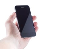 Черный безымянный смартфон без кнопок со слепимостью на экране в руке на белом изоляте предпосылки иллюстрация вектора Черный безымянный смартфон без кнопок со слепимостью на экране в руке на белом изоляте предпосылки иллюстрация вектора