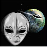 Чужеземец смотря иллюстрацию земли с ufo иллюстрация штока Чужеземец смотря иллюстрацию земли с ufo иллюстрация штока