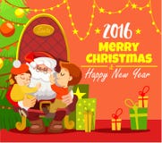 Шаблон рождественской открытки при santa держа детей в кресле иллюстрация вектора Шаблон рождественской открытки при santa держа детей в кресле иллюстрация вектора