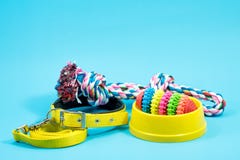 Шар, воротник с веревочкой игрушки и укус rope для голубой предпосылки Стоковые Фото Шар, воротник с веревочкой игрушки и укус rope для голубой предпосылки Стоковые Фото
